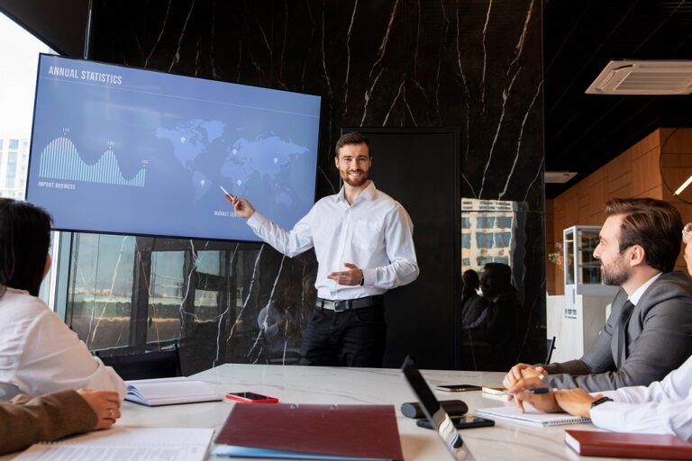 Photo of man making a business presentation.
