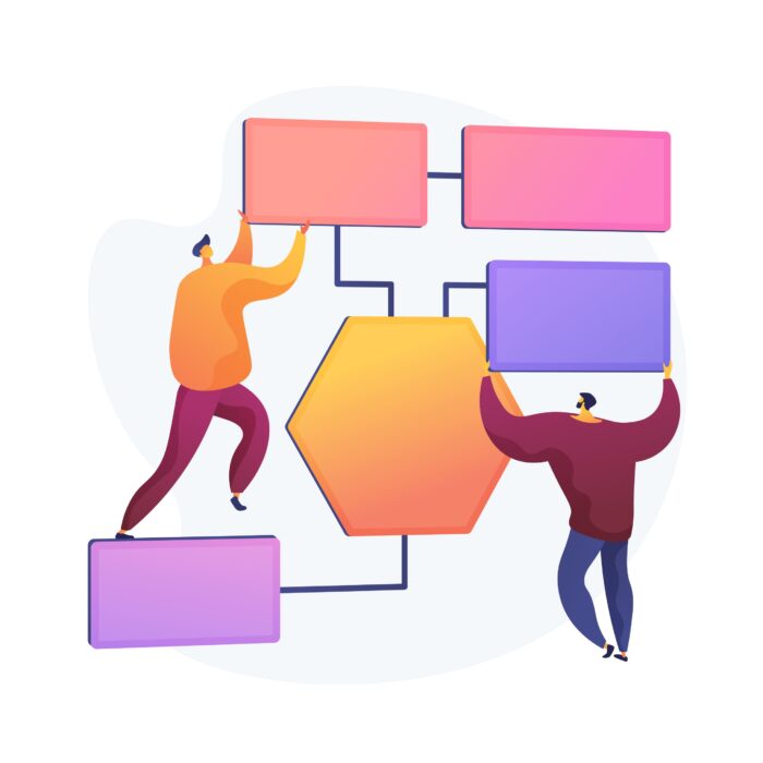 Business process management vector concept metaphor Drawing showing two men holding rectangles of flowchart illustrates blog "How to Master Delegation: Tips and Strategies for Effective Task Management"