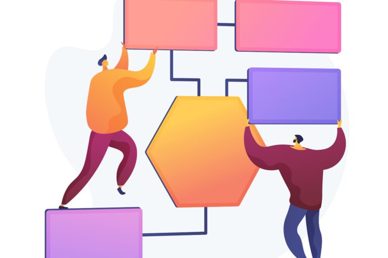 Drawing showing two men holding rectangles of flowchart illustrates blog "How to Master Delegation: Tips and Strategies for Effective Task Management"