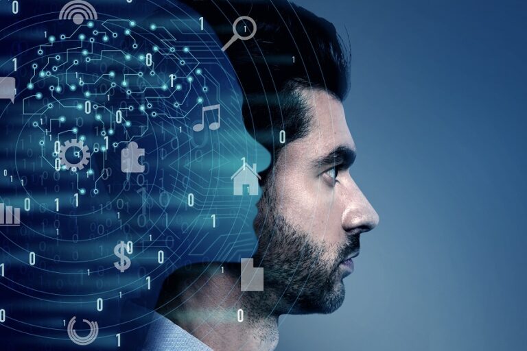 Image showing profile of man with superimposed tech-inspired graphics illustrates blog "4 Ways Entrepreneurs Can Use Artificial Intelligence"