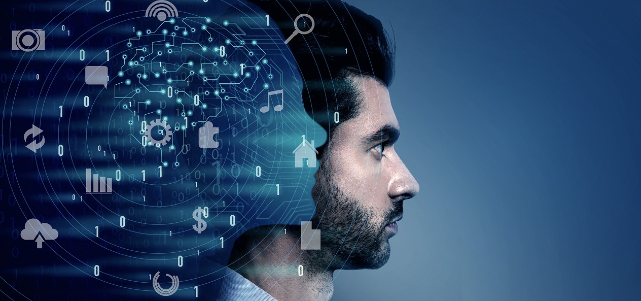AI-entrepreneurs-FP Image showing profile of man with superimposed tech-inspired graphics illustrates blog "4 Ways Entrepreneurs Can Use Artificial Intelligence"