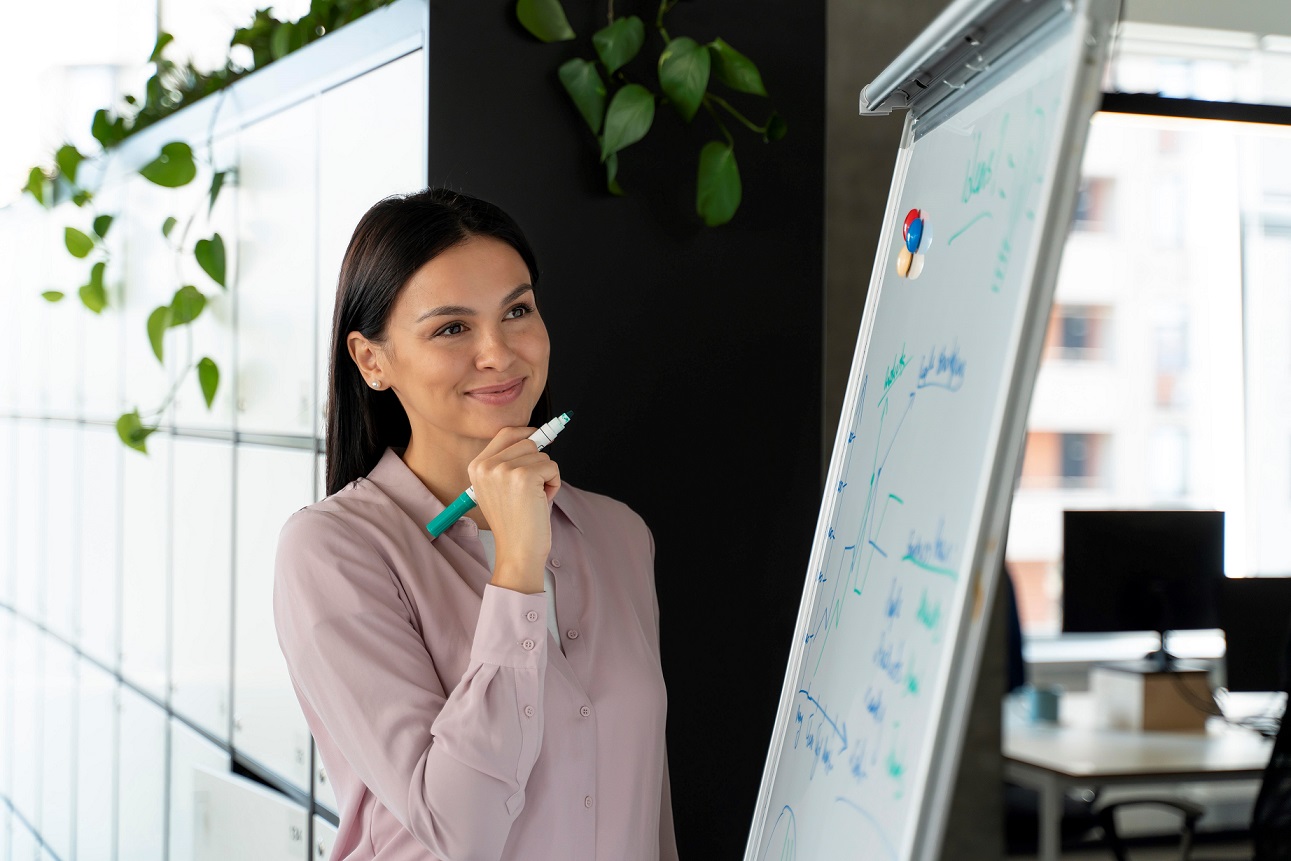 inspiring-woman-FP Photo of woman with hand on chin in front of whiteboard illustrates blog "5 Ways to Inspire Your Team"