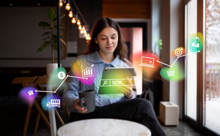 marketing-fp Woman using laptop with holograms surrounding him.