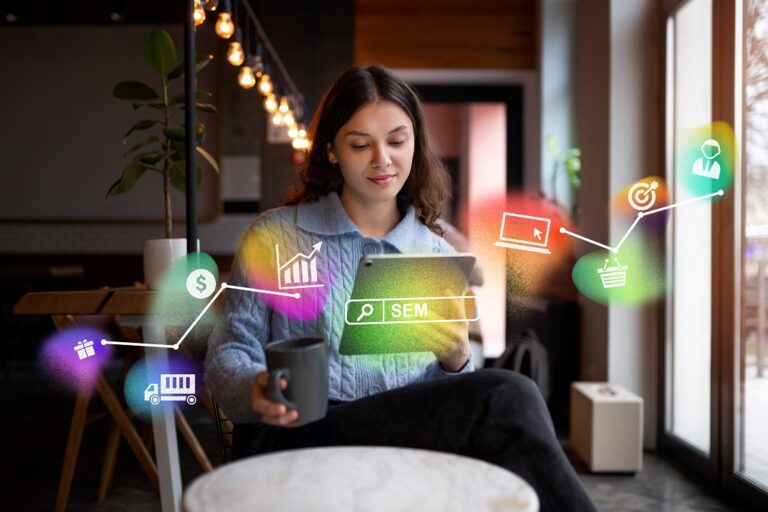 Woman using laptop with holograms surrounding him.