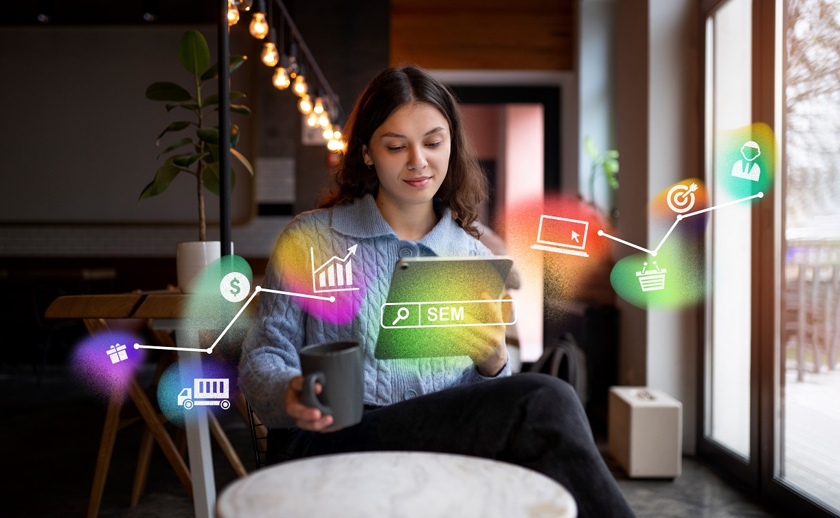 Woman using laptop with holograms surrounding him.