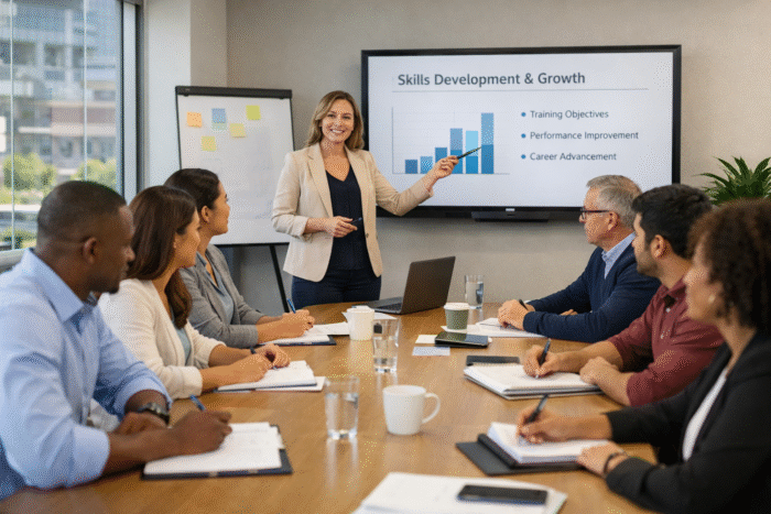 Corporate workshop demonstrating employee training benefits in the workplace