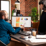 Small business owner using business decision data to review sales and customer trends
